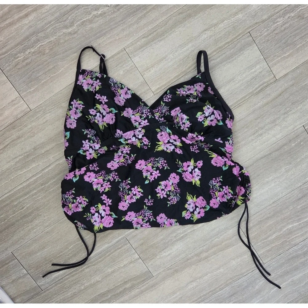 Catalina Plus Floral Tankini Swim Tops Lot of 2 Black Pink Tropical 3X 22W-24W